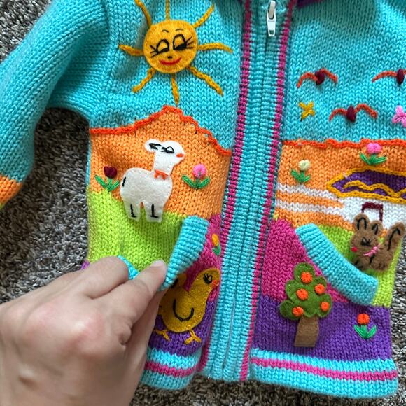 Made in Peru Colorful Knit Full Zip Hoodie Sweater Size 2T Casual Eclectic Cozy - Picture 3 of 8